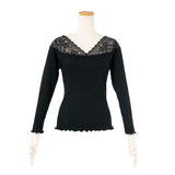 【メール便】両Vネックレース切り替えリブ長袖トップス