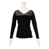 【メール便】両Vネックレース切り替えリブ長袖トップス