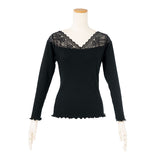 【メール便】両Vネックレース切り替えリブ長袖トップス