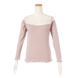 【メール便】両Vネックレース切り替えリブ長袖トップス