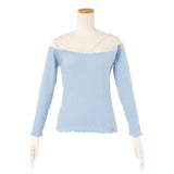 【メール便】両Vネックレース切り替えリブ長袖トップス