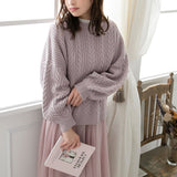 バックシャンスリットリボンケーブルニットトップス