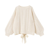 バックシャンスリットリボンケーブルニットトップス