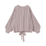 バックシャンスリットリボンケーブルニットトップス