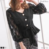 ビジューボタンウエストリボンブラウス