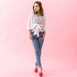 ビジューボタンウエストリボンブラウス