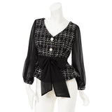 ビジューボタンウエストリボンブラウス