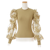 【メール便】袖フラワー刺繍リブトップス【C】