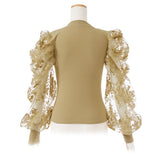 【メール便】袖フラワー刺繍リブトップス【C】