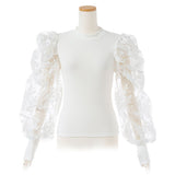 【メール便】袖フラワー刺繍リブトップス【C】