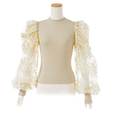 【メール便】袖フラワー刺繍リブトップス【C】