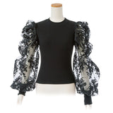 【メール便】袖フラワー刺繍リブトップス【C】