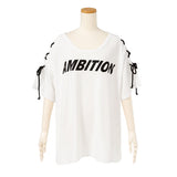 サイドショルダーレースアップオフショルロゴトップス