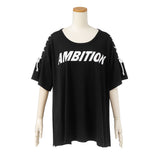 サイドショルダーレースアップオフショルロゴトップス