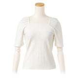 【メール便】スクエアネックギャザースリーブリブトップス