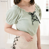 【メール便】レースアップリブトップス