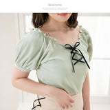 【メール便】レースアップリブトップス