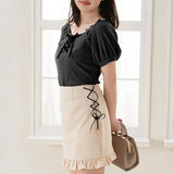 【メール便】レースアップリブトップス