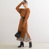 Vネックリブニットワンピース