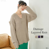 ダメージVネックレイヤードニット