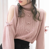 オープンショルダーケーブルニットトップス