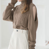 オープンショルダーケーブルニットトップス