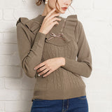 ケーブル柄フリルリボンニットトップス