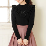 ケーブル柄フリルリボンニットトップス