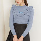 ケーブル柄フリルリボンニットトップス