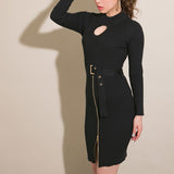 バスト開きウエストベルトリブニットワンピース