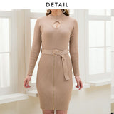 バスト開きウエストベルトリブニットワンピース