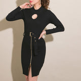 バスト開きウエストベルトリブニットワンピース