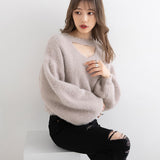 チョーカーデザインシャギーニットトップス【H】