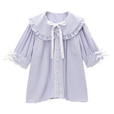 大きめ丸襟リボンフリルブラウス