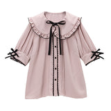 大きめ丸襟リボンフリルブラウス