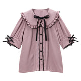 大きめ丸襟リボンフリルブラウス