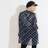 肩開きシフォンチェックシャツ