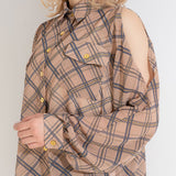 肩開きシフォンチェックシャツ