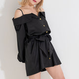 オフショルリボンロマンチックチュニックミニワンピ