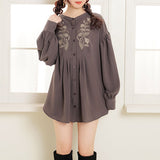 【メール便】バンドカラー刺繍ブラウス