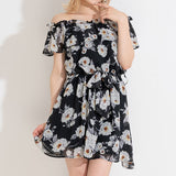 オフショルフローラルシフォンワンピース
