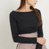 【メール便】ボートネック長袖リブトップス