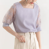 スクエアネックチュール刺繍袖ブラウス