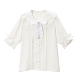コットン刺繍レース丸襟ブラウス