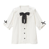 コットン刺繍レース丸襟ブラウス