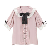 コットン刺繍レース丸襟ブラウス