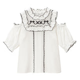 【メール便】レースアップ刺繍肩開きブラウス