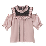 【メール便】レースアップ刺繍肩開きブラウス