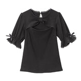 【メール便】胸元リボン開きカットソートップス