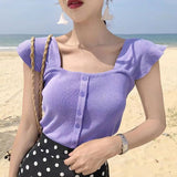 【メール便】スクエアネック袖フリルサマーニットトップス